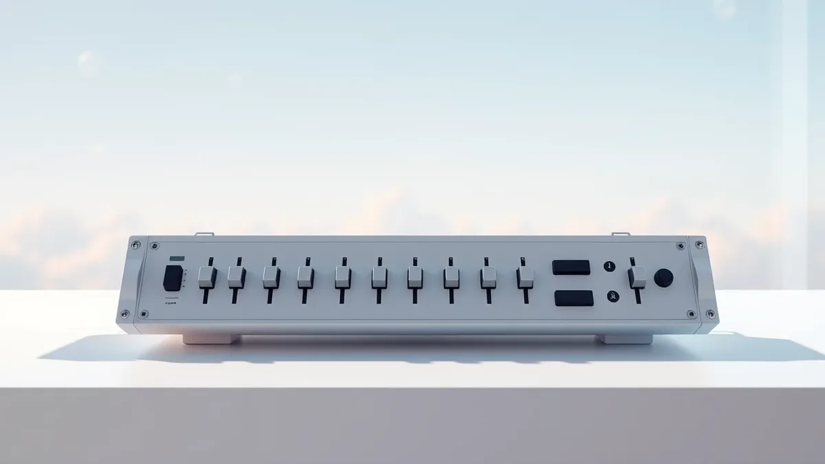 Illustration: A sleek, blank control panel with multiple toggle switches and sliding bars sits on a clean white desk.