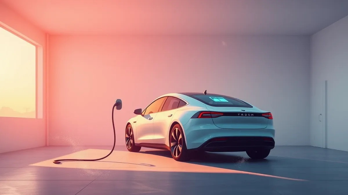 Illustration: An electric car sits in a bright garage while a thick charging cable connects to its port.