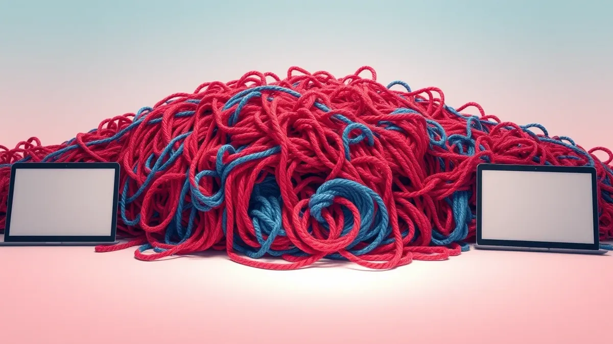 Illustration: A messy pile of tangled red and blue yarn represents complex code patches.