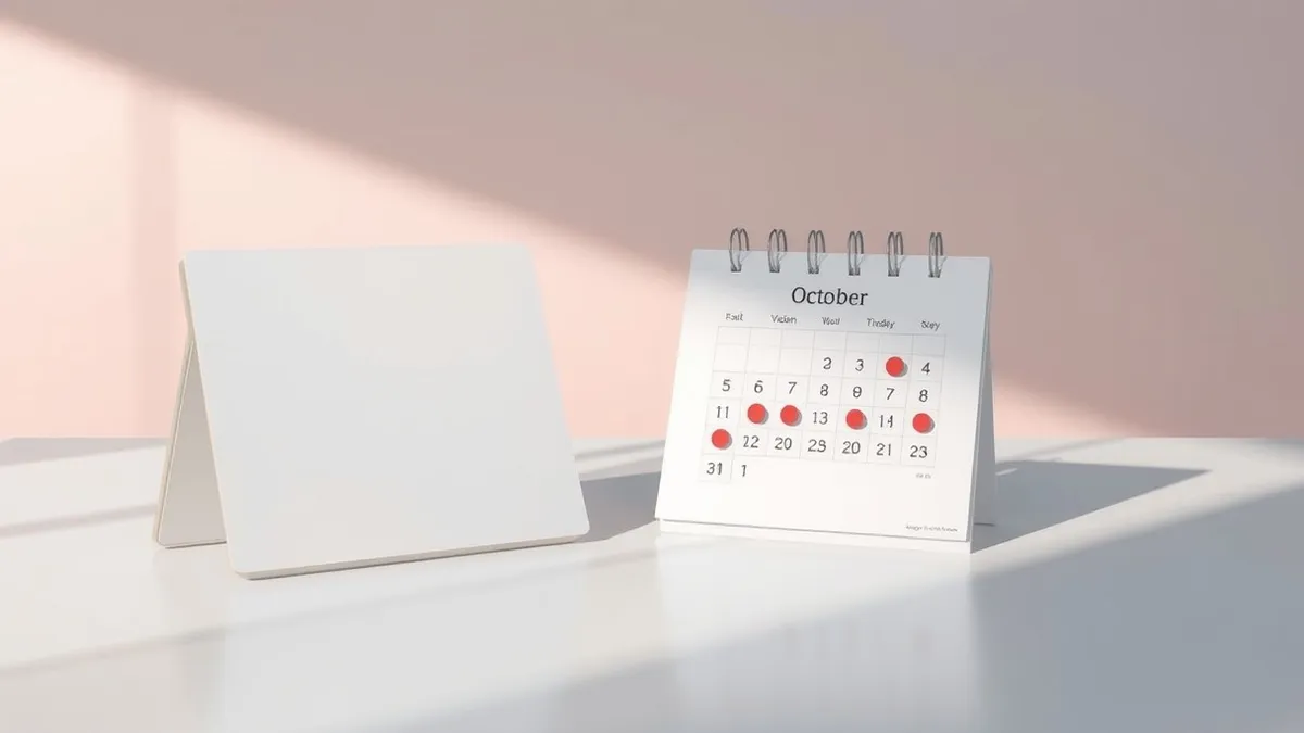 Illustration: A blank digital catalog icon rests on a clean white surface next to a simple calendar page displaying October.