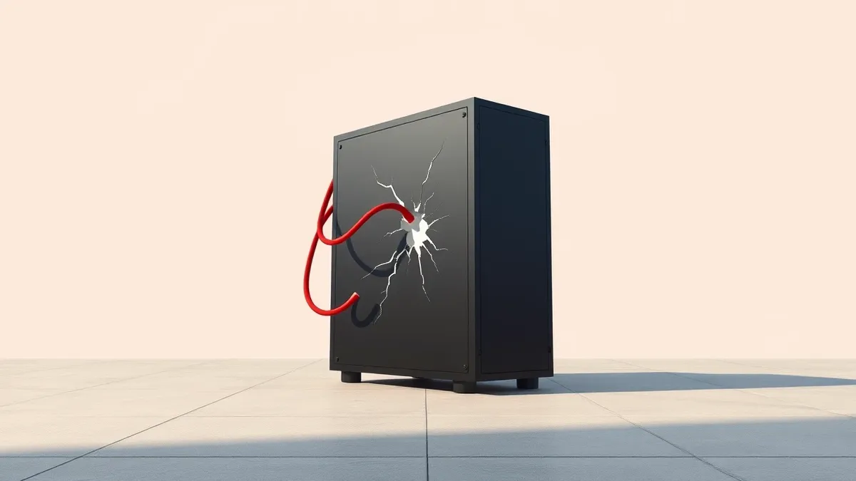 Illustration: A sleek black server tower sits isolated on a concrete floor.
