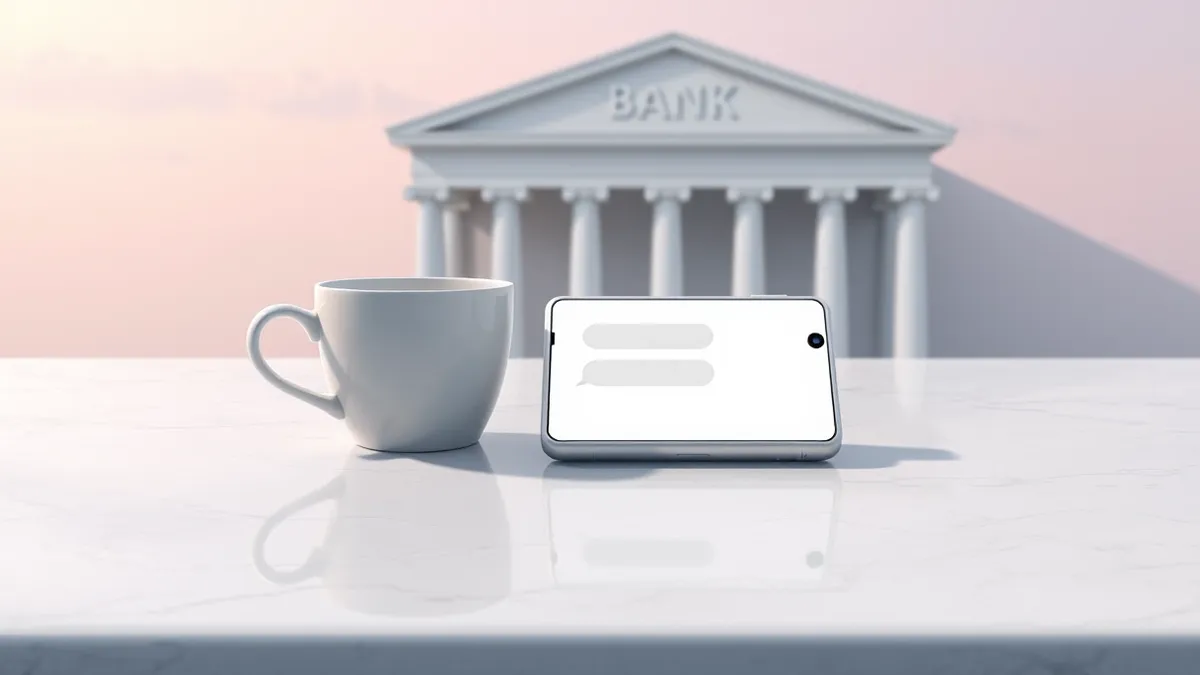 Illustration: A sleek white smartphone rests on a polished marble bank counter beside a ceramic coffee cup.