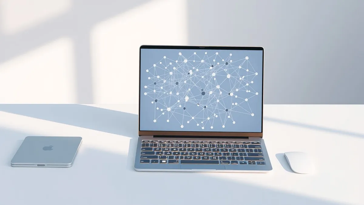 Illustration: A sleek laptop sits on a clean white desk, displaying a complex network of abstract geometric nodes and connections on its screen.