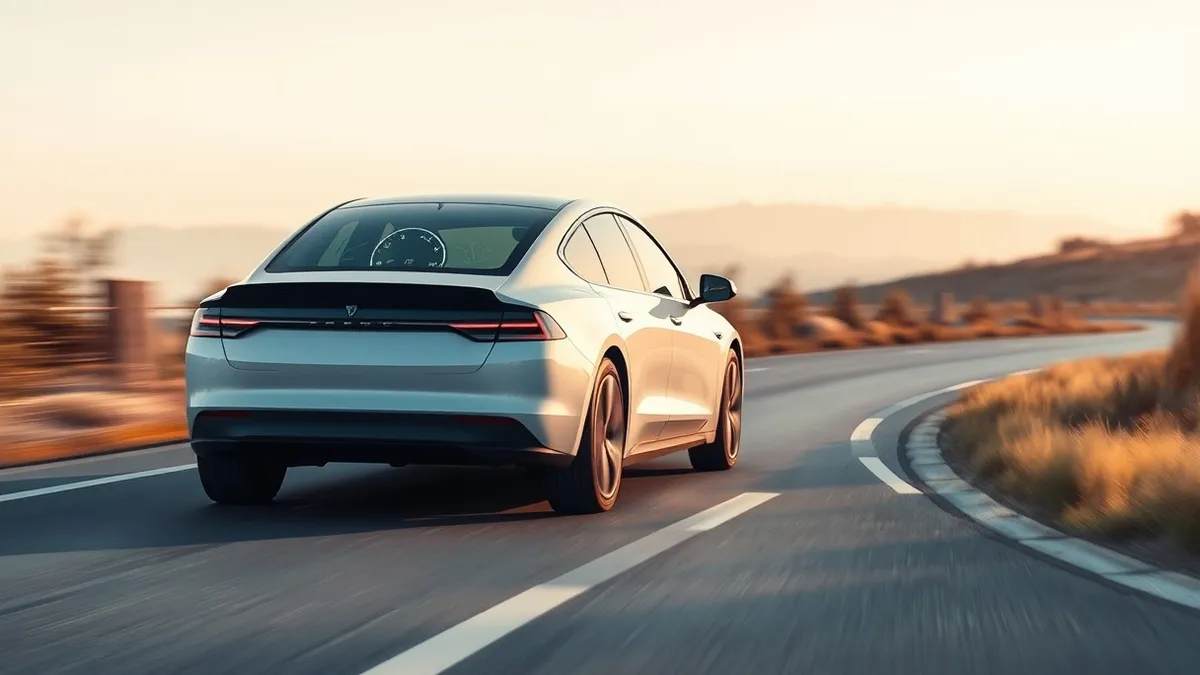 Illustration: A sleek electric sedan sits on a winding European road, its dashboard screen displaying a minimalist steering wheel icon and abstract motion lines.