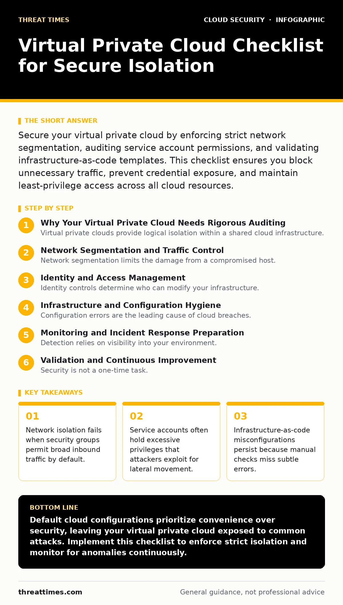 Infographic: Virtual Private Cloud Checklist for Secure Isolation. Network isolation fails when security groups permit broad inbound traffic by default. Service accounts often hold excessive privileges that attackers exploit for lateral movement. Infrastructure-as-code misconfigurations persist beca