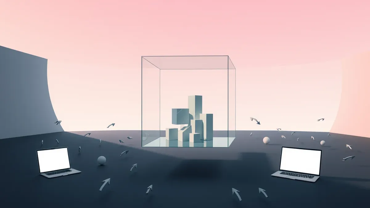 Illustration: A transparent glass cube floats in a dark void, surrounded by thick opaque walls that block incoming arrows.