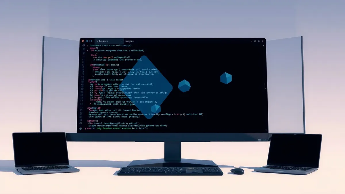 Illustration: A sleek command-line interface floats on a dark monitor screen, displaying lines of Rust code alongside abstract geometric shapes representing AI assistance.