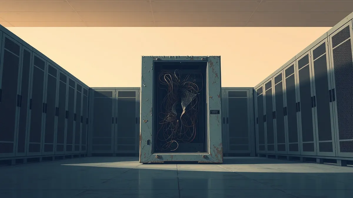 Illustration: A dusty, obsolete server sits alone in a dim server room, its metal casing dented and worn.