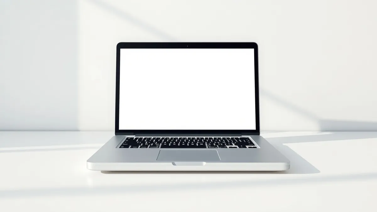 Illustration: A sleek silver laptop rests on a clean white desk, its aluminum body reflecting soft studio lighting.