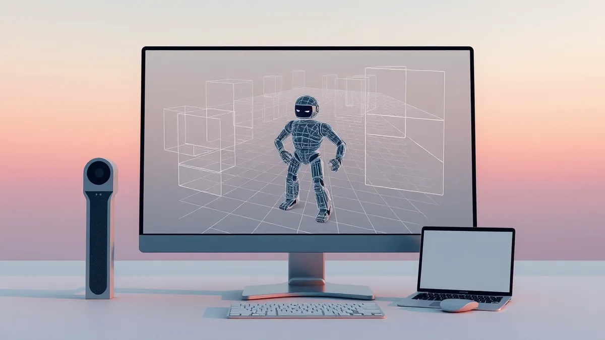 Illustration: A sleek desktop computer monitor displays a complex three-dimensional wireframe grid representing a robot’s sensor view, with translucent abstract geometric shapes ov