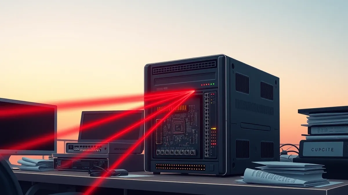 Illustration: A black network security appliance sits on a cluttered office desk.