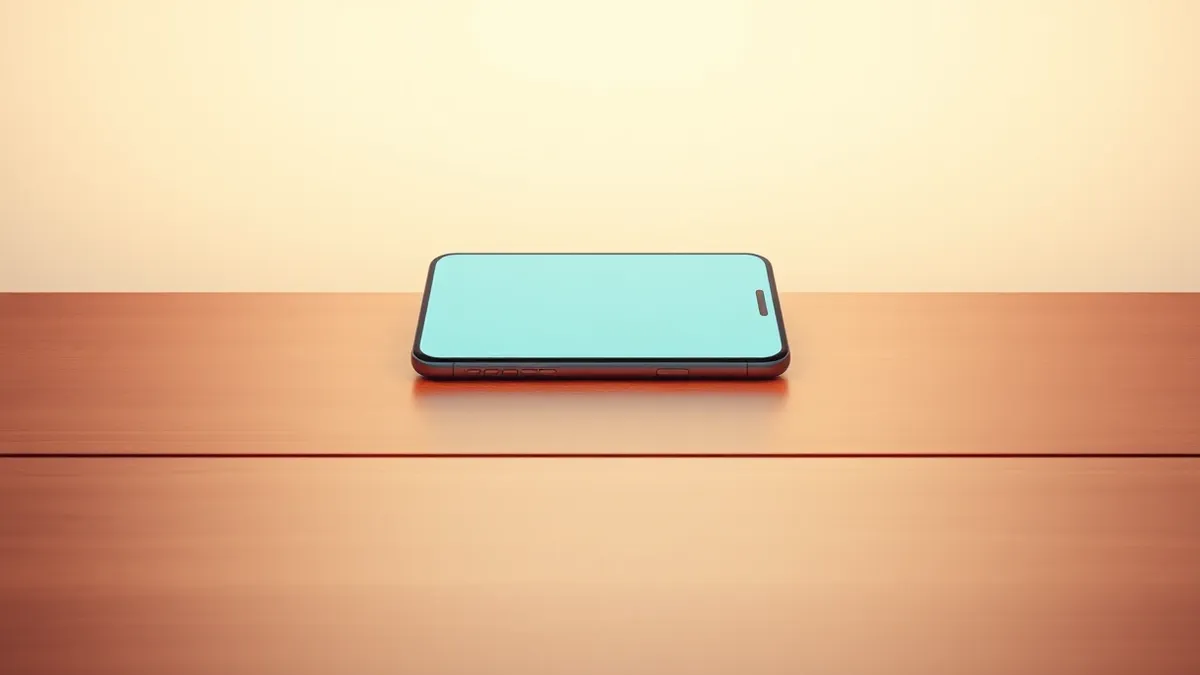 Illustration: A sleek smartphone rests on a polished wooden desk, its blank screen reflecting the cool glow of an artificial light.
