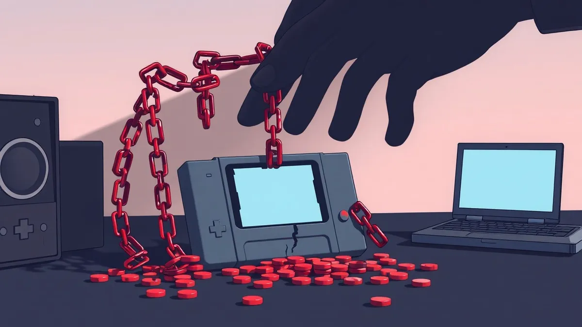 Illustration: A cracked open game cartridge rests on a dark desk next to a pile of scattered plastic tokens.