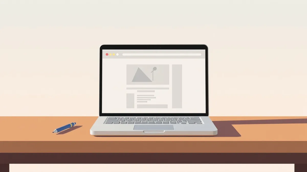 Illustration: A small laptop sits on a plain wooden desk with a browser window open on its screen.
