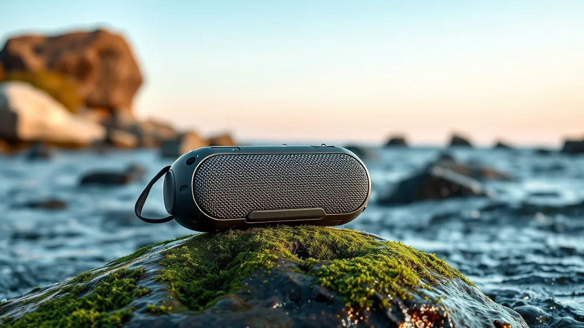Illustration: A rugged, pill-shaped portable speaker rests on a mossy river rock beside clear flowing water.