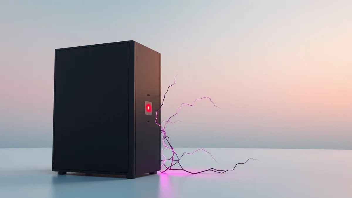 Illustration: A sleek black enterprise server sits isolated in a sterile room, its front panel blank except for a single glowing red light.