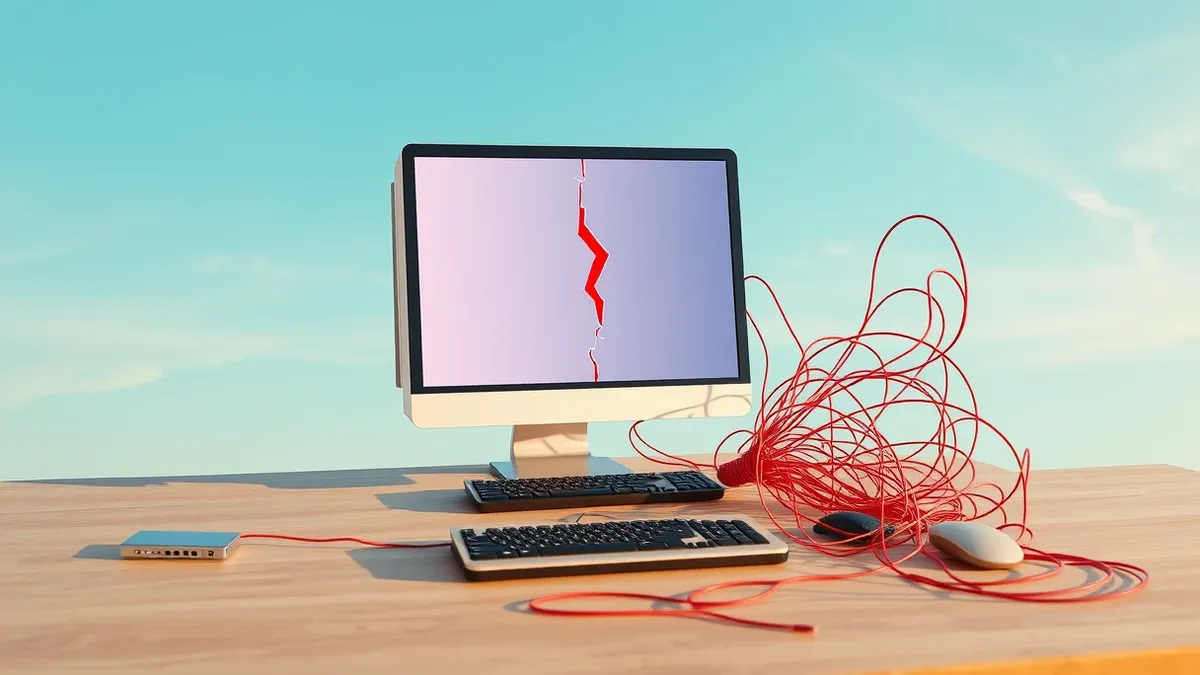 Illustration: A sleek desktop computer sits on a wooden desk with its monitor displaying a single, jagged red crack splitting the abstract blue background.