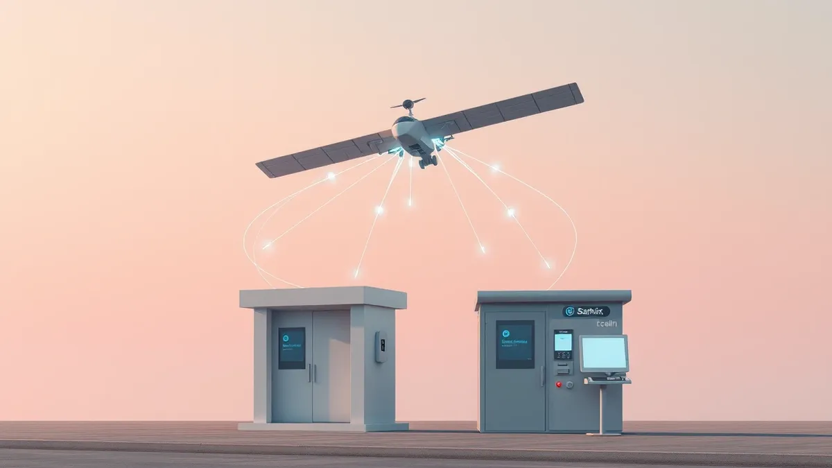 Illustration: A sleek satellite model floats above a generic banking terminal and a municipal service kiosk.