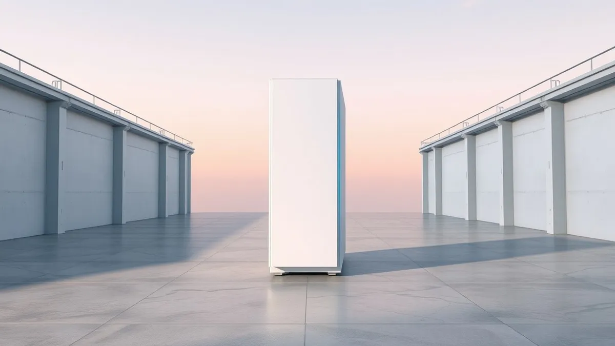 Illustration: A sleek white tower server stands isolated on a polished concrete floor.