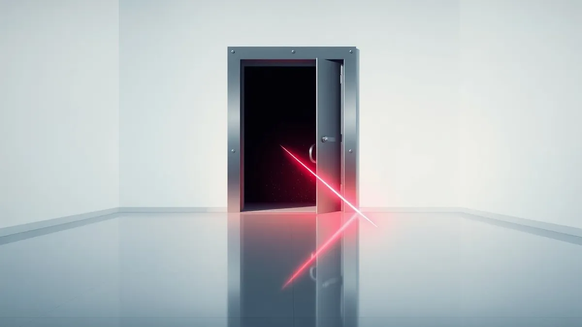 Illustration: A sleek metal vault door stands slightly ajar in a sterile white corridor, revealing a dark interior.