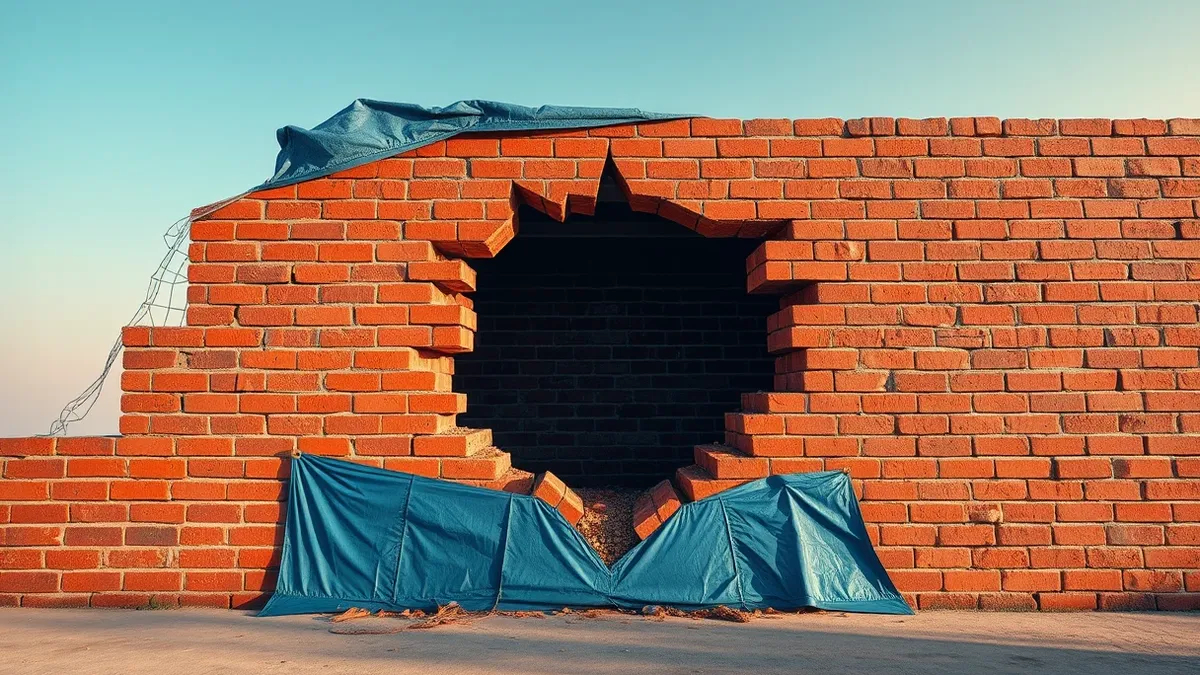 Illustration: A broken red brick wall sits behind a tattered blue tarp.