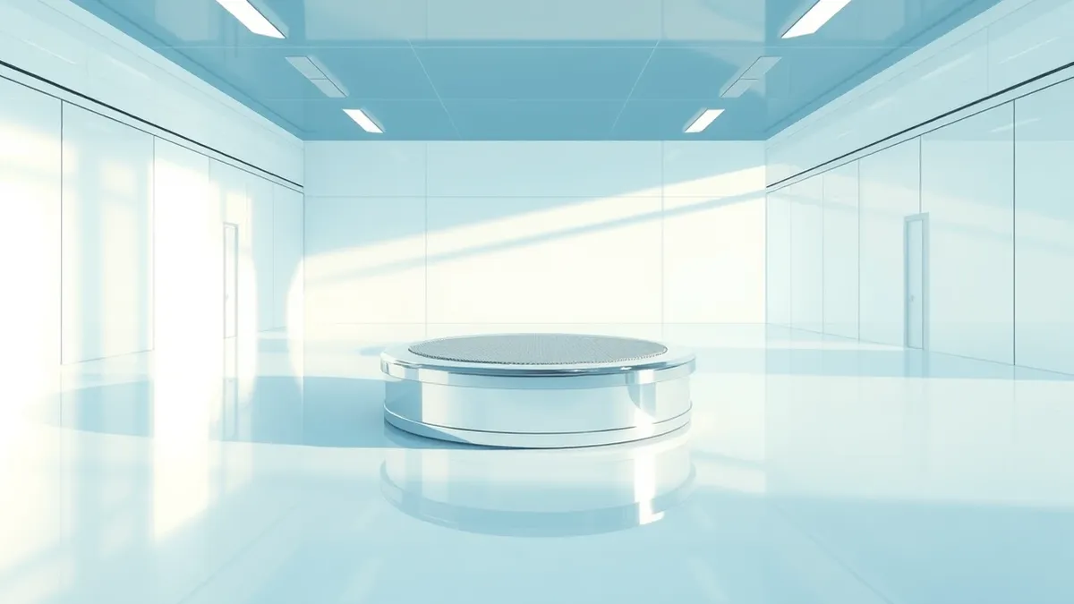 Illustration: A gleaming white cleanroom interior features a single massive silicon wafer resting on a reflective chrome pedestal.