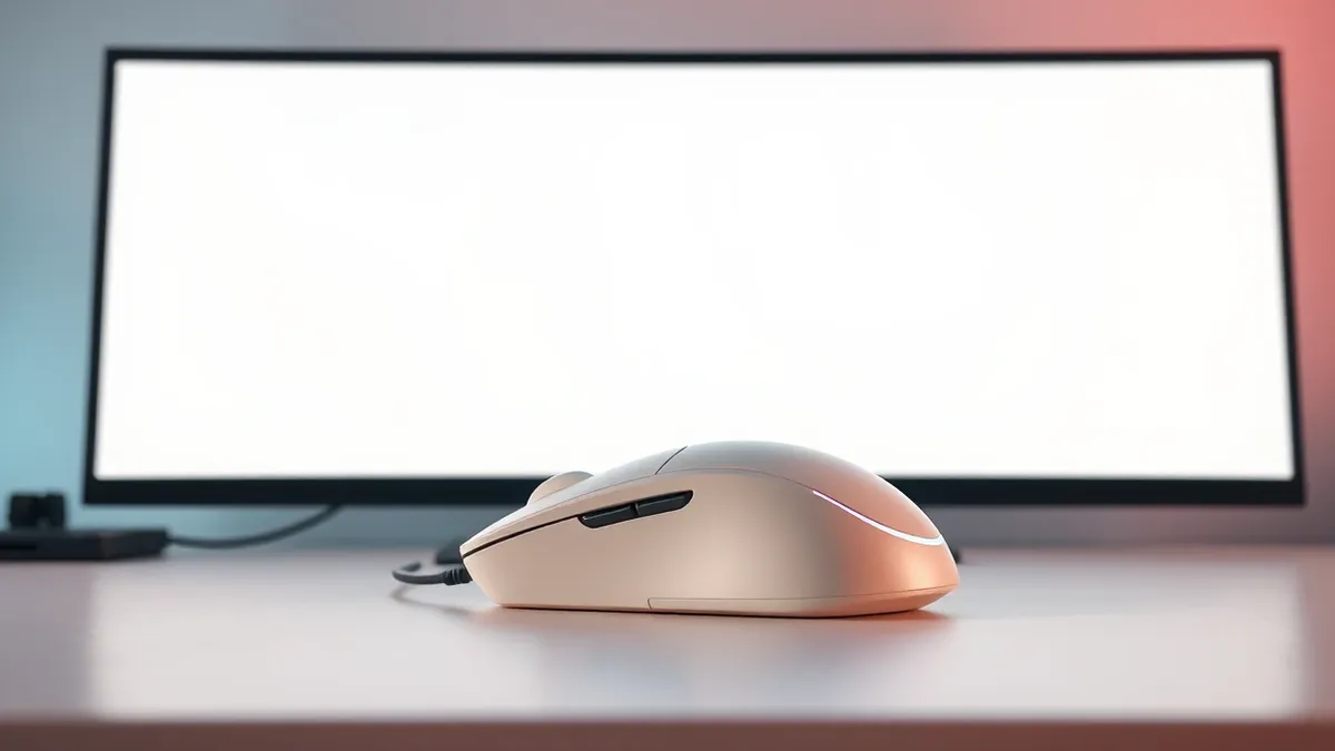 Illustration: A sleek computer mouse rests on a smooth desk surface, its side button highlighted by a soft blue glow to indicate an active lock state.
