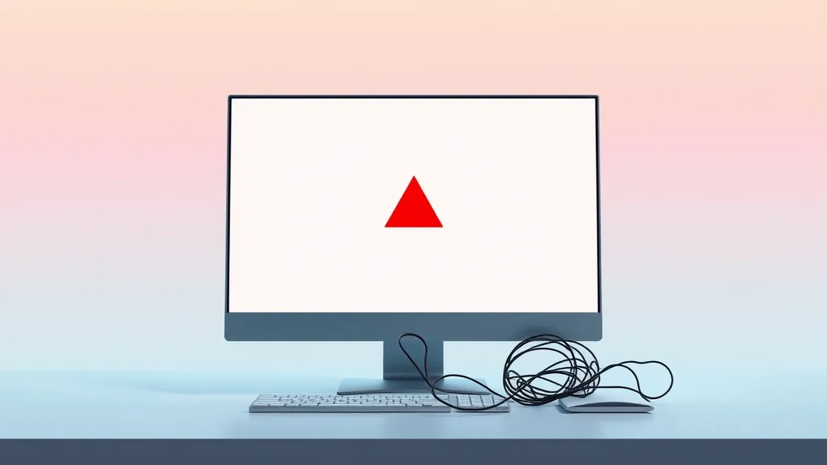 Illustration: A blank computer monitor sits on a clean desk, displaying a single red warning triangle in the center of a white screen.