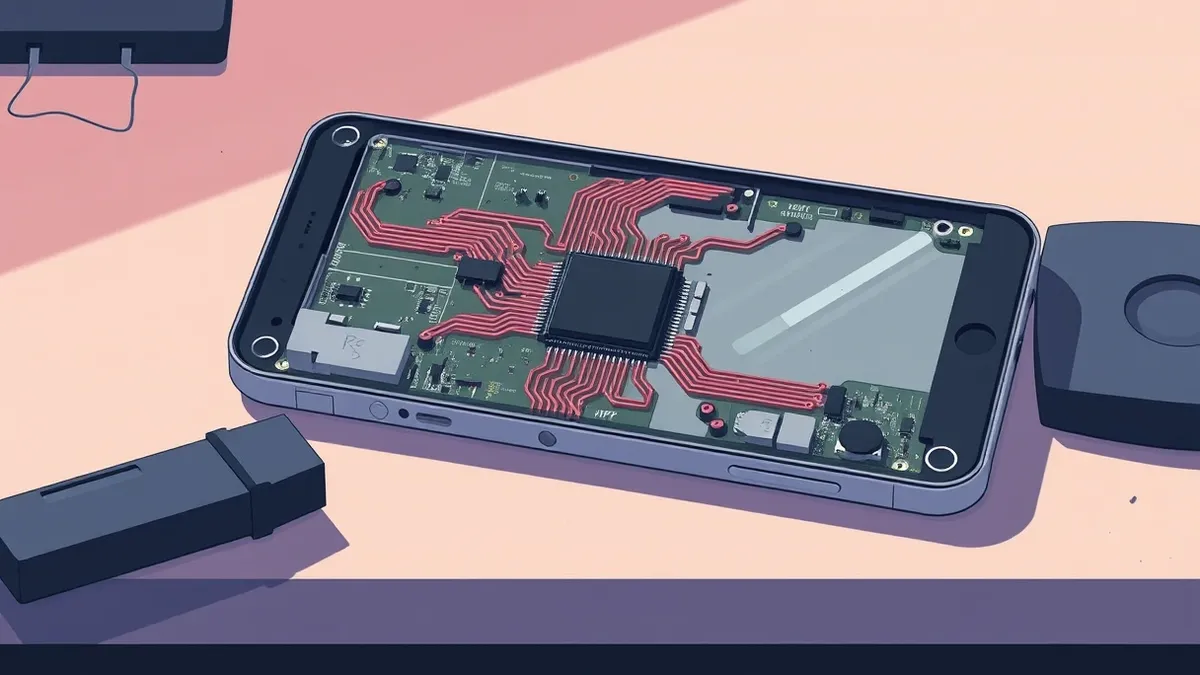 Illustration: A disassembled smartphone lies on a workbench, its internal circuit board exposed to reveal a small, dark chip embedded within the motherboard.