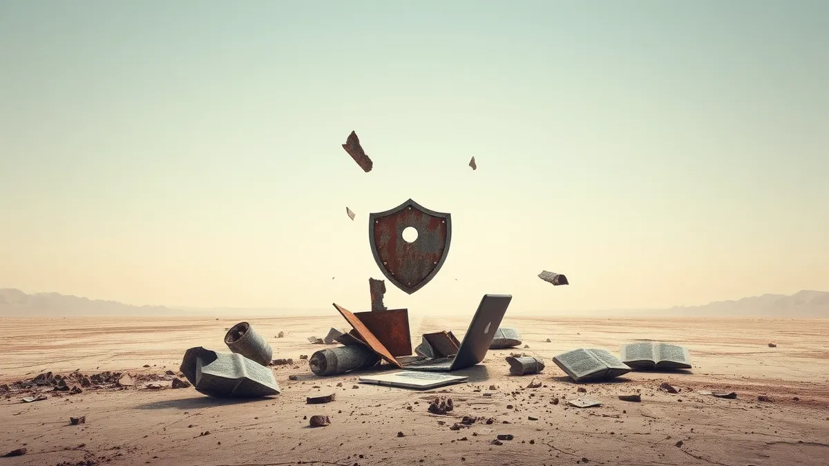 Illustration: A cracked, rusted metal shield lies shattered on a dusty floor, with jagged shards pointing inward toward a hollow center.