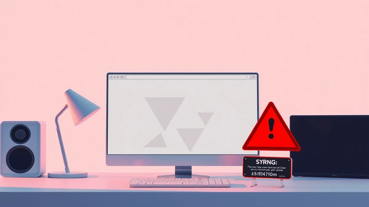 Illustration: A blank web browser window sits on a desk next to a red warning triangle.