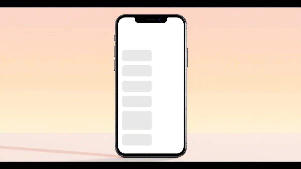 Illustration: A minimalist smartphone screen displays a vertical list of blank grey rectangular tiles against a white background.