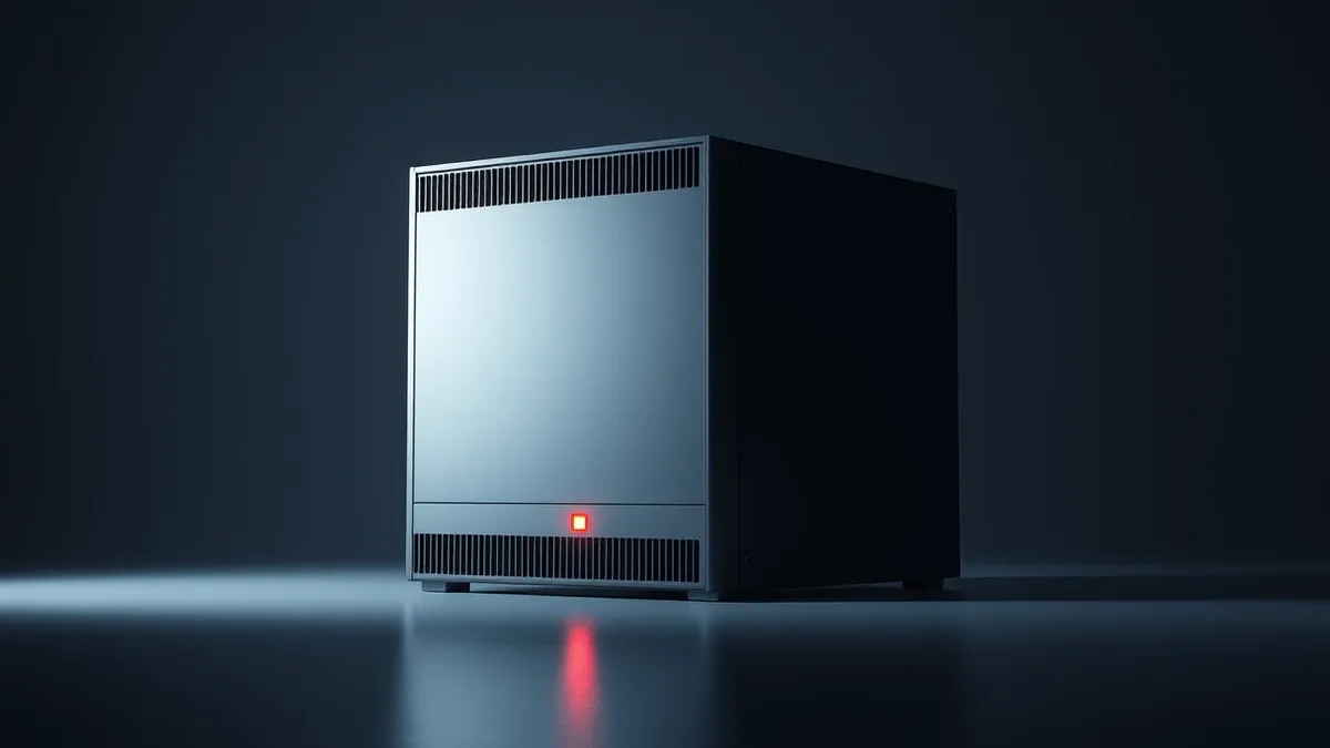 Illustration: A sleek, silver database server blade sits isolated in a dark room.