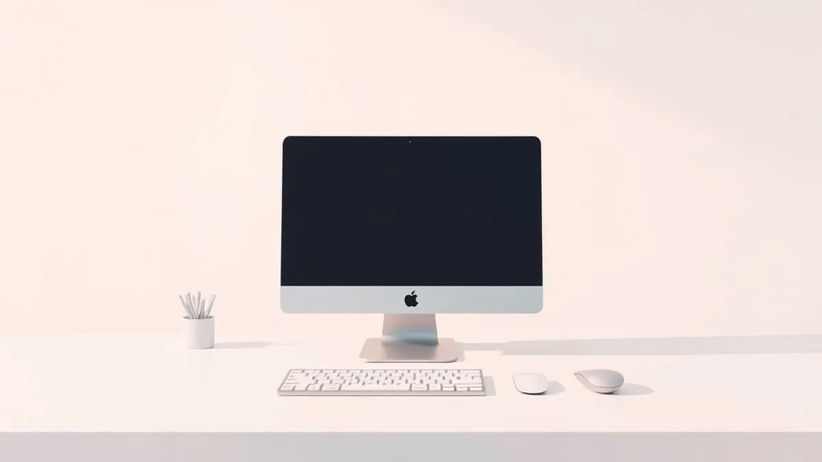 Illustration: A sleek, compact desktop computer sits on a clean white desk next to a minimalist keyboard and mouse.