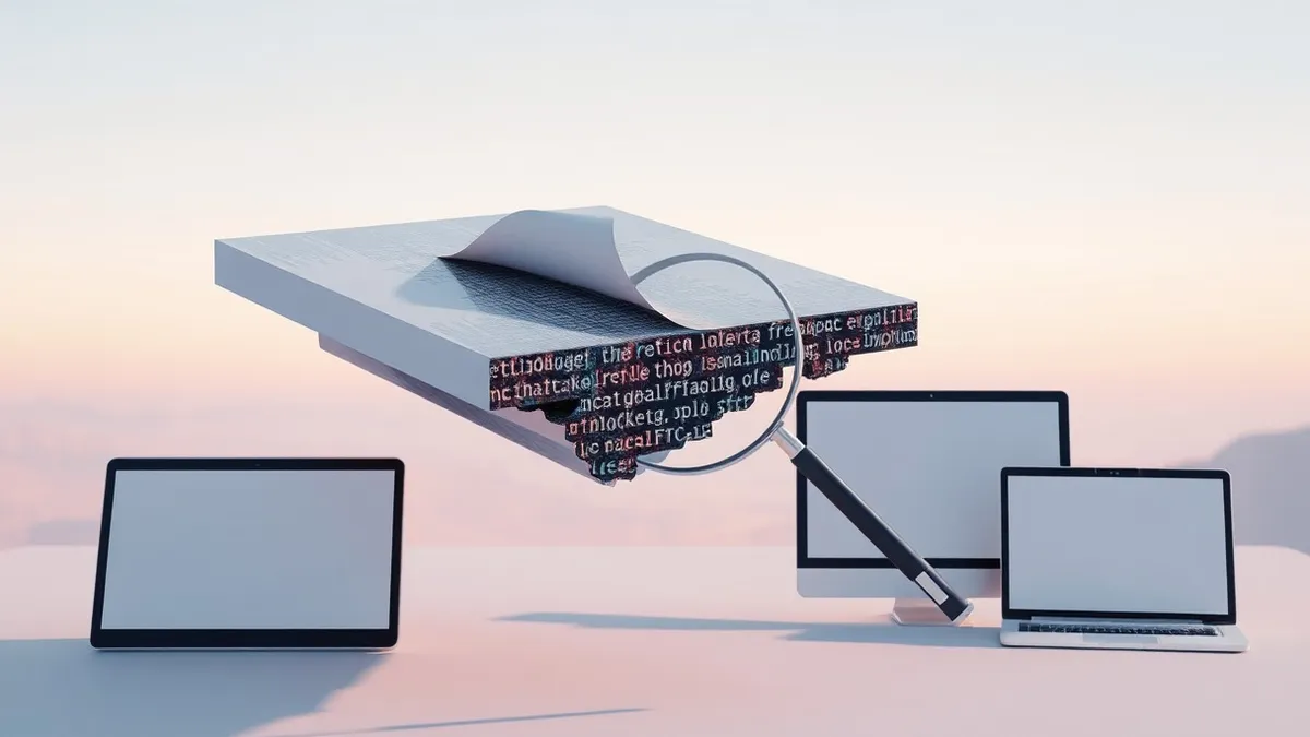 Illustration: A digital image floats in midair, its surface peeling back to reveal chaotic, tangled code beneath the smooth pixels.