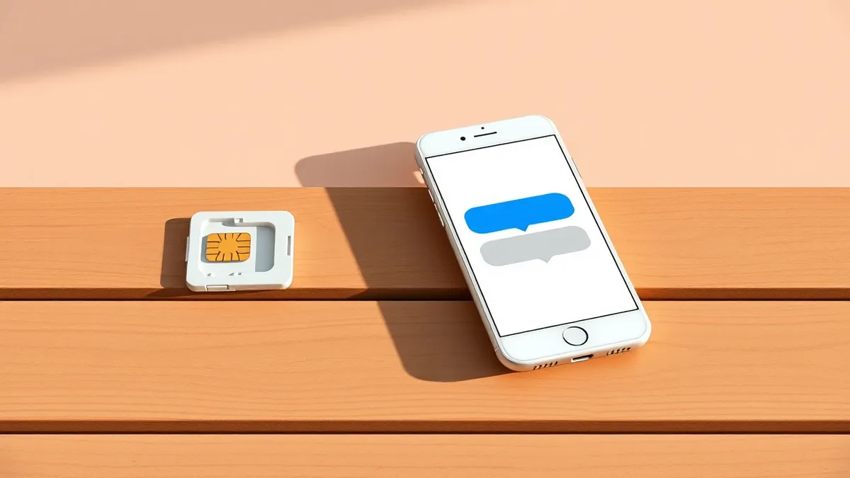Illustration: A white smartphone rests on a wooden table next to a generic SIM card tray.