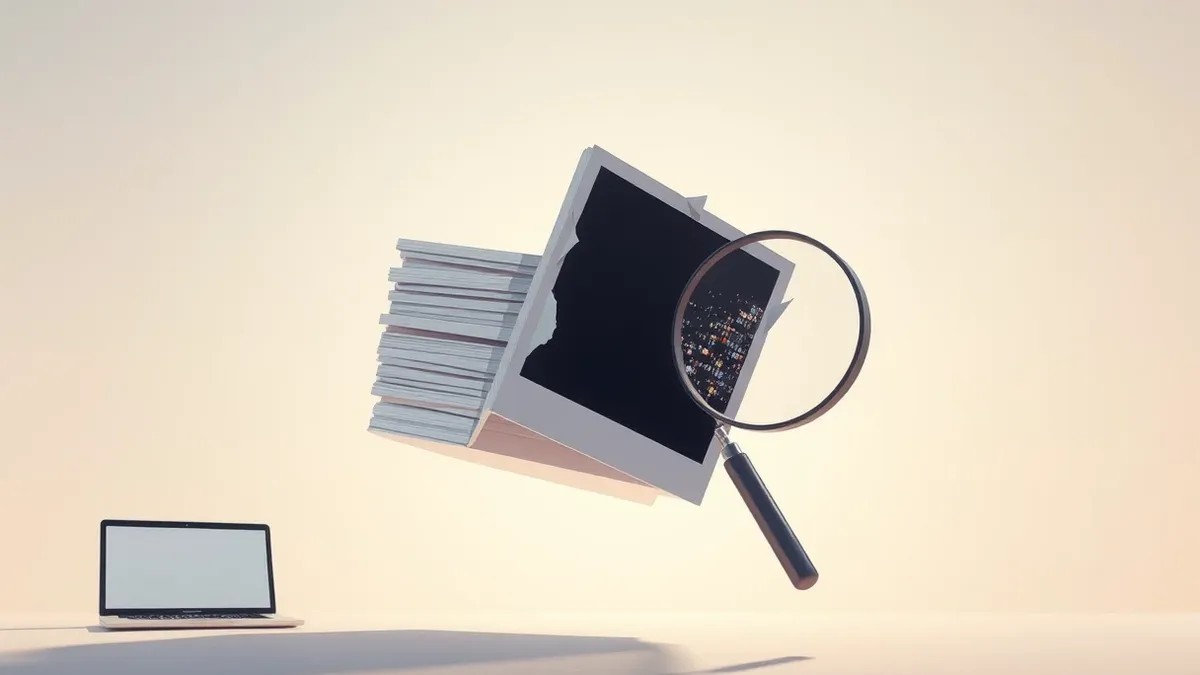 Illustration: A stack of digital image files floats in mid-air, with one picture tilting precariously as its edges blur and distort.
