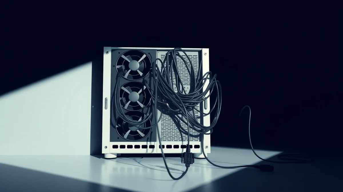 Illustration: A sleek white server unit sits in a dark room with its ventilation fans spinning rapidly.