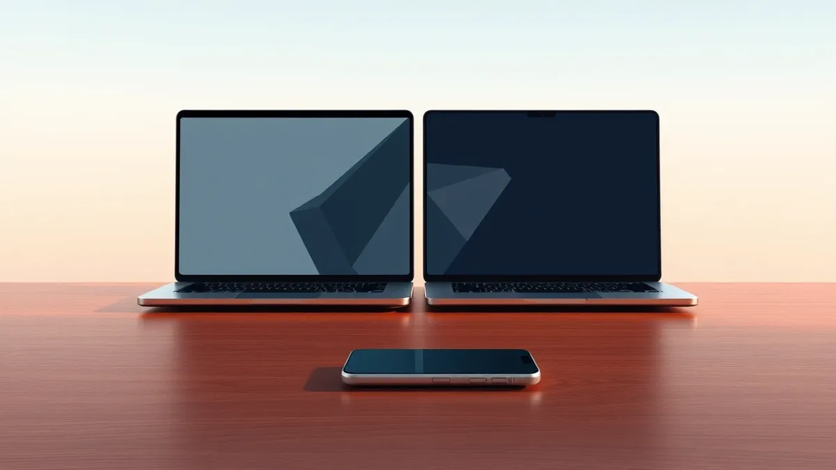 Illustration: A sleek laptop sits open on a polished wooden desk.