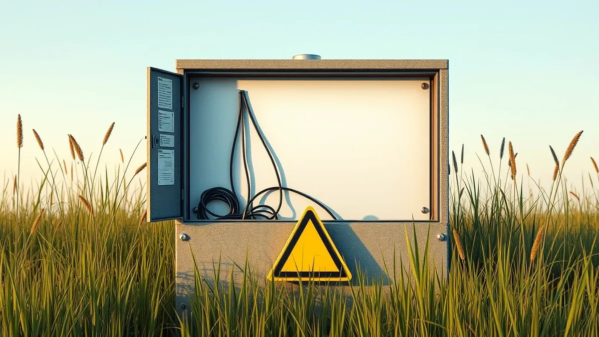 Illustration: A heavy metal utility box sits open in tall grass, revealing tangled wires and a blank digital interface.