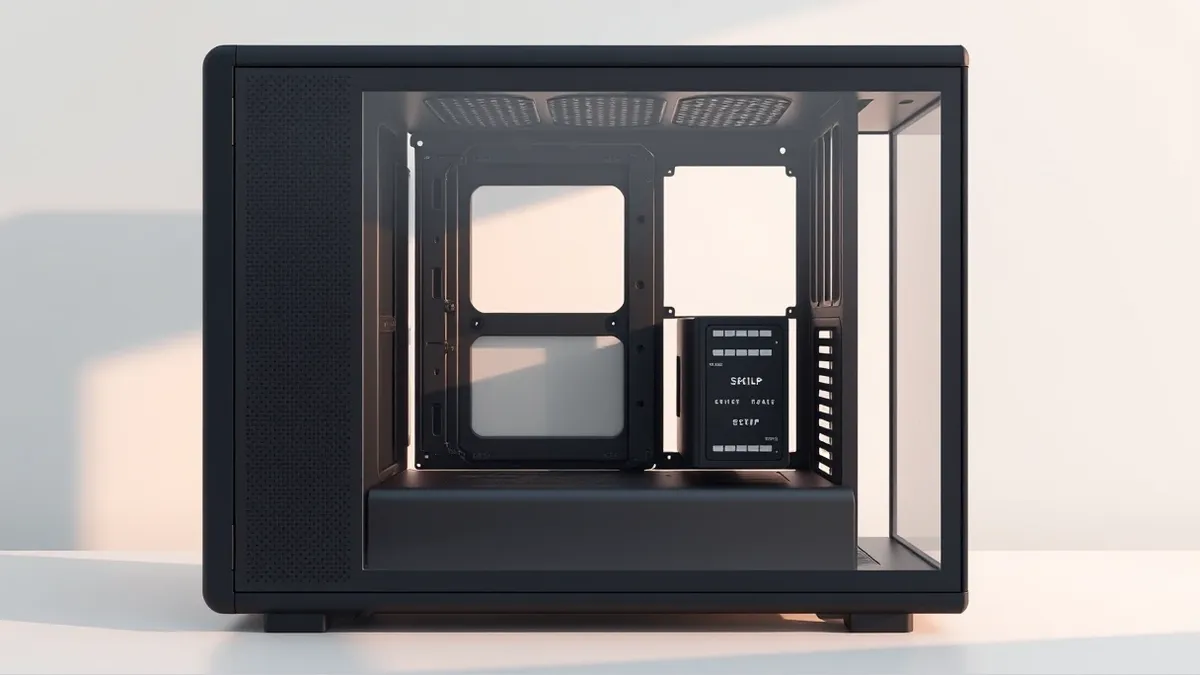 Illustration: A matte black computer case with a perforated metal front panel sits on a clean white desk.