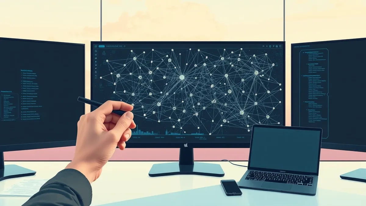 Illustration: A sleek security operations center monitor displays a complex web of interconnected nodes, with a single dark, unmarked branch slipping away from the main network map