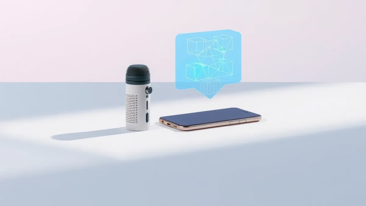 Illustration: A small cylindrical audio recorder rests on a clean white desk beside a smartphone.