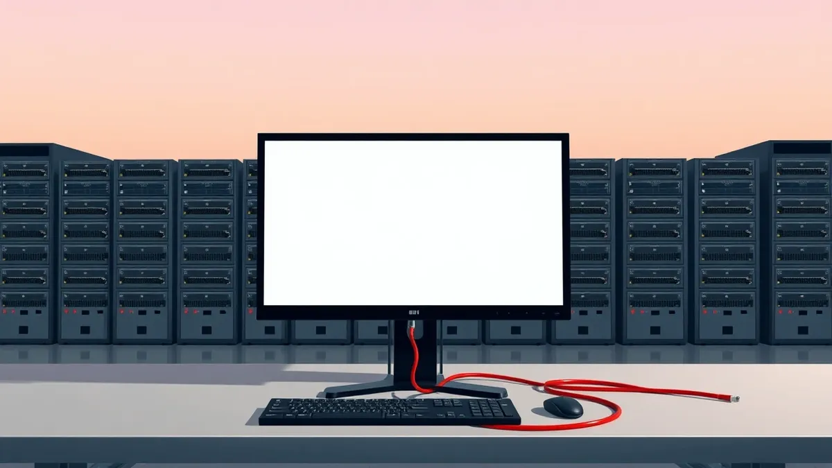 Illustration: A sleek black network management console sits on a minimalist desk, its large monitor displaying a blank interface.