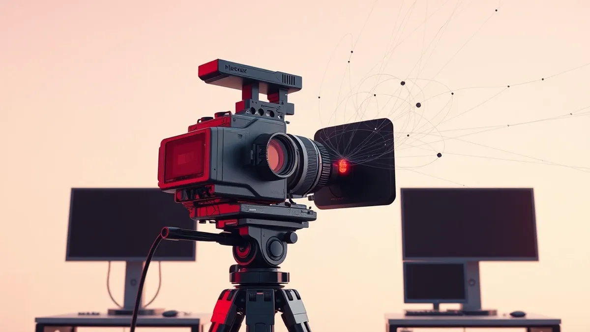 Illustration: A pristine television studio camera sits idle on a tripod, its lens reflecting empty red lights.