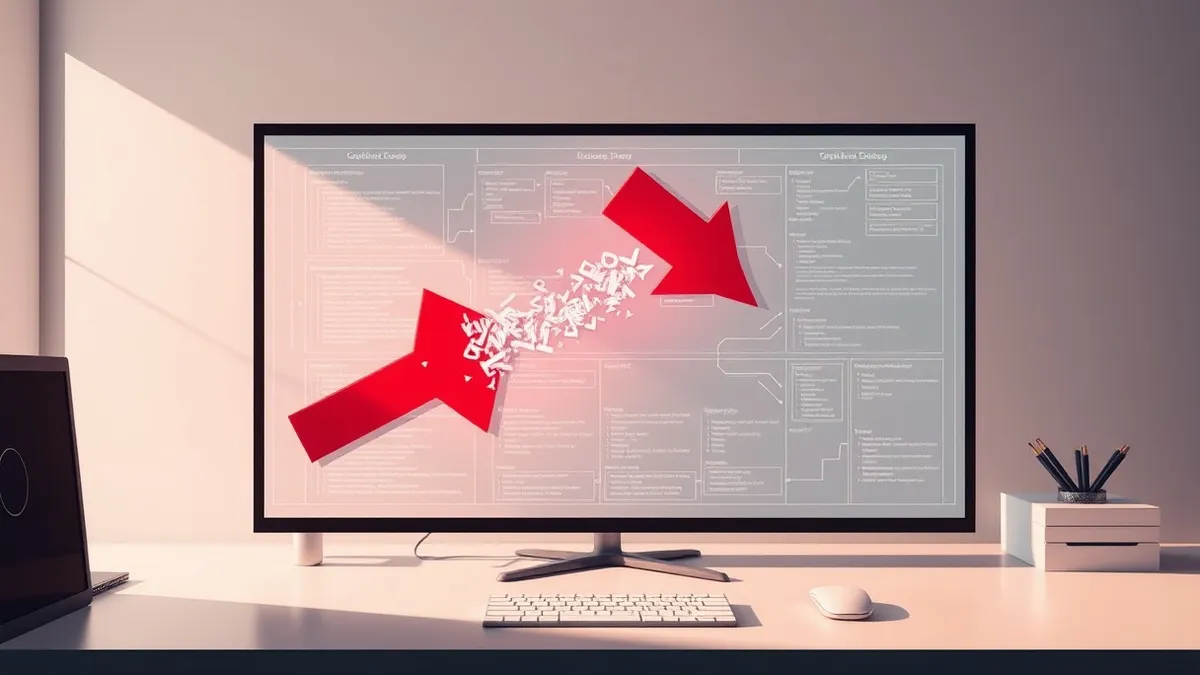 Illustration: A glowing red arrow pierces through a translucent digital blueprint, injecting jagged code fragments into the structured lines of a software architecture diagram.