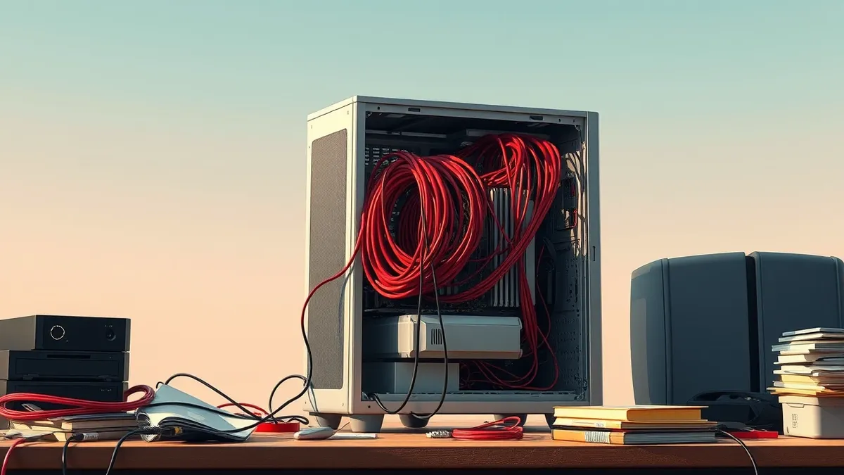 Illustration: A sleek silver server tower sits on a cluttered desk with its side panel removed.
