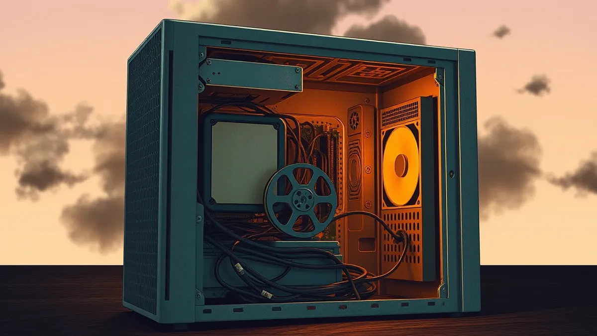 Illustration: A dusty desktop tower sits open, revealing tangled cables and a glowing circuit board.