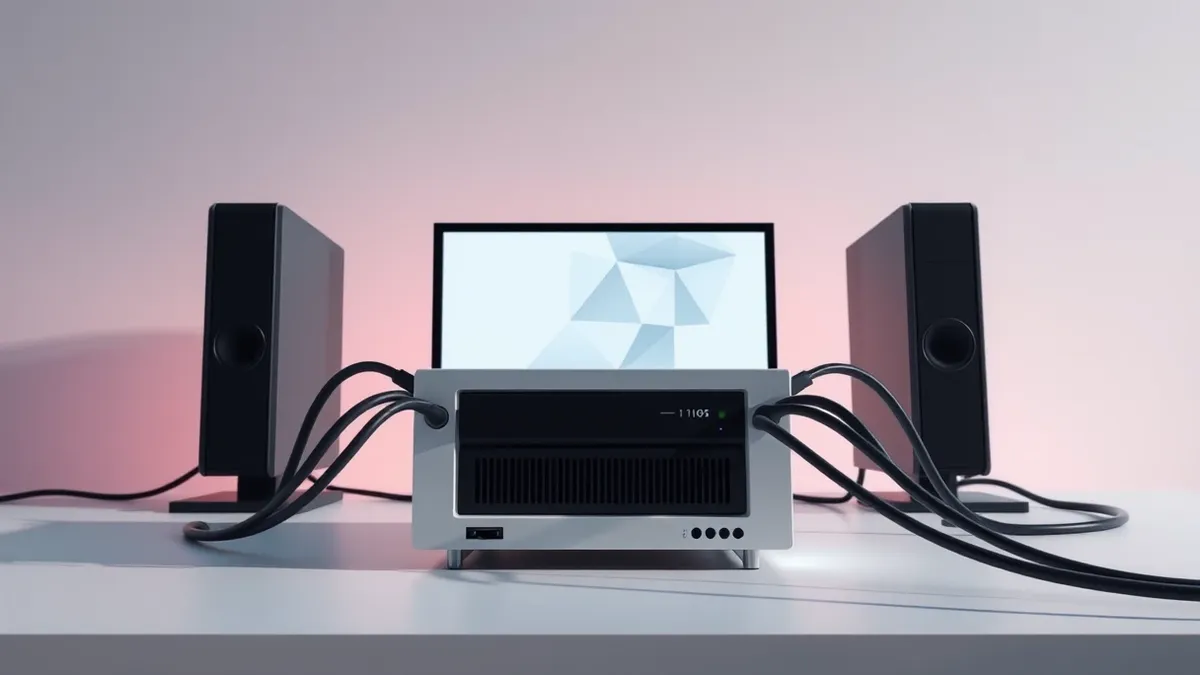 Illustration: A sleek white server node sits on a clean desk, its rear ports connected to thick black cables that snake toward a blank monitor displaying abstract geometric shapes.
