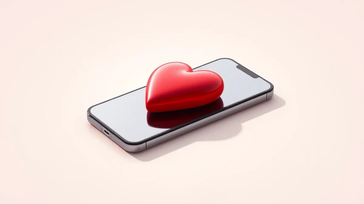 Illustration: A modern smartphone rests on a flat surface, its bright screen displaying a large, glossy three-dimensional heart emoji.